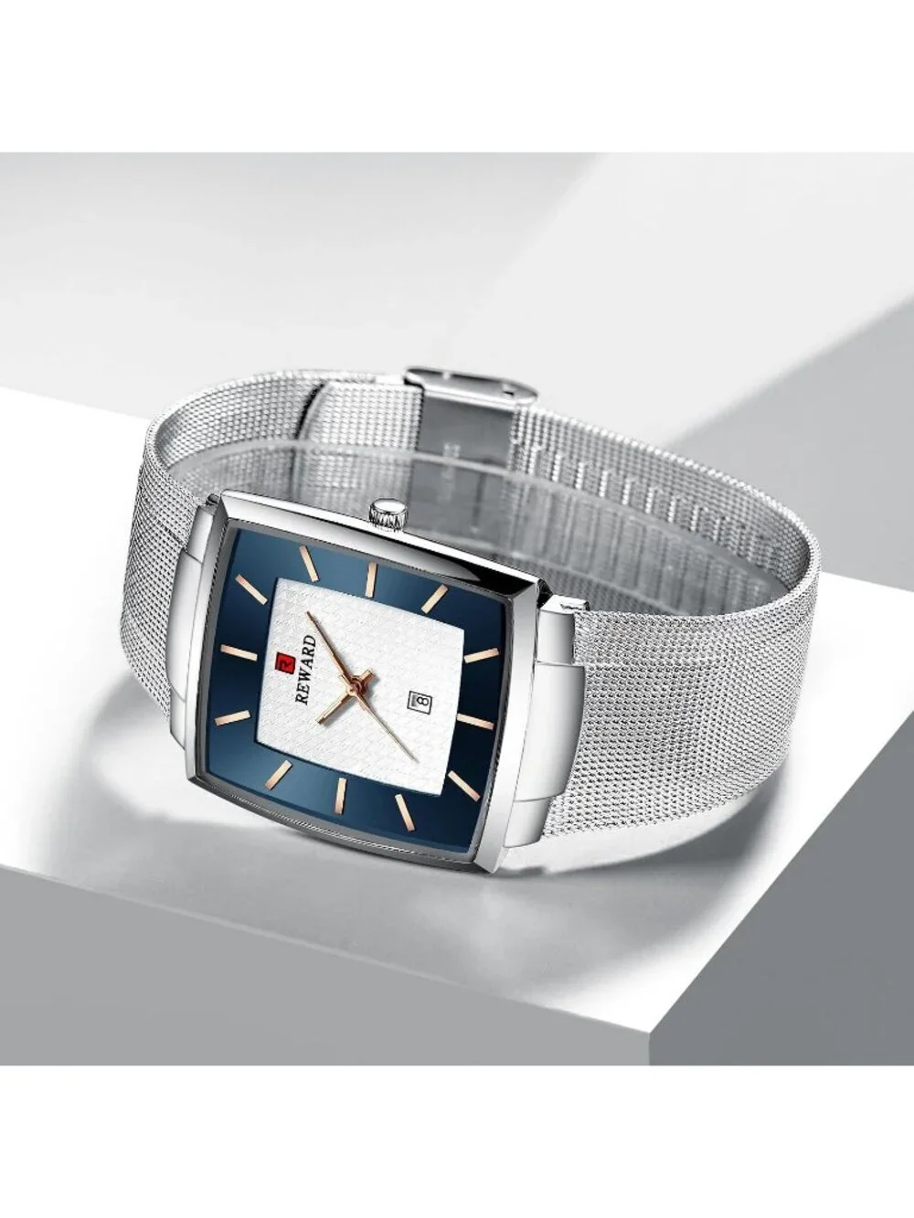 Men's Silver Gold Square Analog Quartz Stainless Steel Mesh Strap Wrist Watch